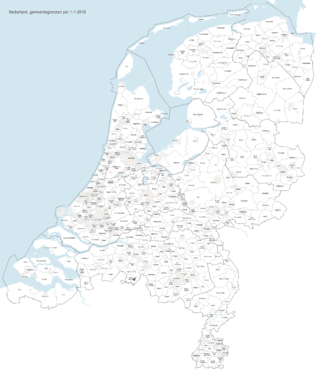 Map showing the municipal boundaries in the Netherlands in 2016