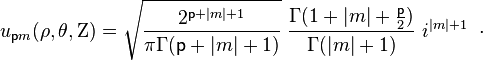 
u_{{\mathsf p}m}(\rho,\theta,\Zeta)=
     \sqrt{\frac{2^{{\mathsf p}+|m|+1}}{\pi\Gamma({\mathsf p}+|m|+1)}}  \;  \frac{\Gamma(1+|m|+\frac{{\mathsf p}}{2})}{\Gamma(|m|+1)}
    \,\,i^{|m|+1} \; \;  \cdot 