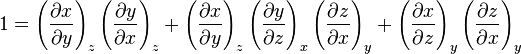 1=\left(\frac{\partial x}{\partial y}\right)_z \left(\frac{\partial y}{\partial x}\right)_z + \left(\frac{\partial x}{\partial y}\right)_z \left(\frac{\partial y}{\partial z}\right)_x \left(\frac{\partial z}{\partial x}\right)_y + \left(\frac{\partial x}{\partial z}\right)_y\left(\frac{\partial z}{\partial x}\right)_y