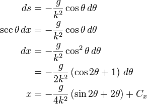 
\begin{align}
ds & = - \frac{g}{k^2} \cos \theta \,d\theta \\
\sec\theta \, dx  & = - \frac{g}{k^2} \cos \theta\, d\theta \\
dx & = - \frac{g}{k^2} \cos^2 \theta \,d\theta  \\
 & = - \frac{g}{2 k^2} \left ( \cos 2 \theta + 1 \right ) \,d\theta  \\
x & = - \frac{g}{4 k^2} \left ( \sin 2 \theta + 2 \theta \right )  + C_x
\end{align}
