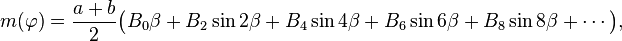 
m(\varphi)=\frac{a+b}2\bigl(B_0\beta+B_2\sin 2\beta+B_4\sin4\beta+B_6\sin6\beta+B_8\sin8\beta+\cdots\bigr),
