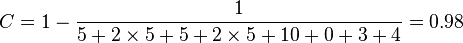 C = 1 - \frac{1}{5 + 2\times 5 + 5 + 2\times 5 + 10 + 0 + 3 + 4} = 0.98