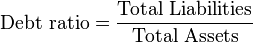 \mbox{Debt ratio} = \frac {\mbox{Total Liabilities}} {\mbox{Total Assets}}