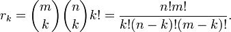 r_k = \binom{m}{k}\binom{n}{k} k! = \frac{n! m!}{k! (n-k)! (m-k)!}.