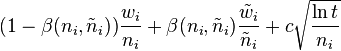 (1-\beta(n_i, \tilde{n}_i))\frac{w_i}{n_i} + \beta(n_i, \tilde{n}_i)\frac{\tilde{w}_i}{\tilde{n}_i} + c\sqrt{\frac{\ln t}{n_i}}