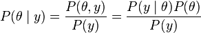 P(\theta\mid y)=\frac{P(\theta,y)}{P(y)} = \frac{P(y\mid\theta)P(\theta)}{P(y)}