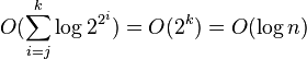 O(\sum_{i=j}^{k} \log 2^{2^i}) = O(2^k) = O(\log n)