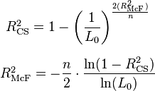  \begin{matrix} R^2_\text{CS} = 1 - \left(\dfrac{1}{L_0}\right)^{\frac{2(R^2_\text{McF})}{n}} \\ [1.5em]
R^2_\text{McF} = -\dfrac{n}{2} \cdot \dfrac{\ln( 1 - R^2_\text{CS} )}{\ln(L_0)} \end{matrix}