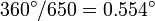 360^\circ /650 = 0.554^\circ 