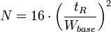 N = 16 \cdot \left(\frac{t_R}{W_{base}}\right)^2 \,