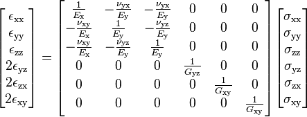 
  \begin{bmatrix}
    \epsilon_{{\rm xx}} \\ \epsilon_{\rm yy} \\ \epsilon_{\rm zz} \\ 2\epsilon_{\rm yz} \\ 2\epsilon_{\rm zx} \\ 2\epsilon_{\rm xy}
  \end{bmatrix}
  = \begin{bmatrix}
    \tfrac{1}{E_{\rm x}} & - \tfrac{\nu_{\rm yx}}{E_{\rm y}} & - \tfrac{\nu_{\rm yx}}{E_{\rm y}} & 0 & 0 & 0 \\
    -\tfrac{\nu_{\rm xy}}{E_{\rm x}} & \tfrac{1}{E_{\rm y}} & - \tfrac{\nu_{\rm yz}}{E_{\rm y}} & 0 & 0 & 0 \\
    -\tfrac{\nu_{\rm xy}}{E_{\rm x}} & - \tfrac{\nu_{\rm yz}}{E_{\rm y}} & \tfrac{1}{E_{\rm y}} & 0 & 0 & 0 \\
    0 & 0 & 0 & \tfrac{1}{G_{\rm yz}} & 0 & 0 \\
    0 & 0 & 0 & 0 & \tfrac{1}{G_{\rm xy}} & 0 \\
    0 & 0 & 0 & 0 & 0 & \tfrac{1}{G_{\rm xy}} \\
    \end{bmatrix}
  \begin{bmatrix}
    \sigma_{\rm xx} \\ \sigma_{\rm yy} \\ \sigma_{\rm zz} \\ \sigma_{\rm yz} \\ \sigma_{\rm zx} \\ \sigma_{\rm xy}
  \end{bmatrix}
 