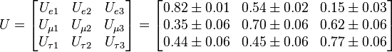 U
= \begin{bmatrix} U_{e 1} & U_{e 2} & U_{e 3} \\ U_{\mu 1} & U_{\mu 2} & U_{\mu 3} \\ U_{\tau 1} & U_{\tau 2} & U_{\tau 3} \end{bmatrix}=
\begin{bmatrix} 0.82\pm0.01 & 0.54\pm0.02 & 0.15\pm0.03 \\ 0.35\pm0.06 & 0.70\pm0.06 & 0.62\pm0.06 \\ 0.44\pm0.06 & 0.45\pm0.06 & 0.77\pm0.06 \end{bmatrix}
 