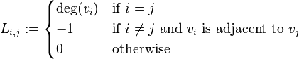 L_{i,j}:=
\begin{cases}
\deg(v_i) & \mbox{if}\ i = j \\
-1 & \mbox{if}\ i \neq j\ \mbox{and}\ v_i \mbox{ is adjacent to } v_j \\
0 & \mbox{otherwise}
\end{cases}
