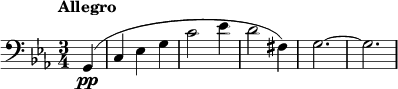 \relative c{ \clef bass \key c \minor \time 3/4 \tempo "Allegro" \partial 4 g(\pp | c ees g | c2 ees4 | d2 fis,4) | g2.~ | g2.}