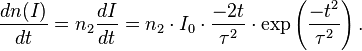 \frac{dn(I)}{dt} = n_2 \frac{dI}{dt} = n_2 \cdot I_0 \cdot \frac{-2 t}{\tau^2} \cdot \exp\left(\frac{-t^2}{\tau^2} \right).