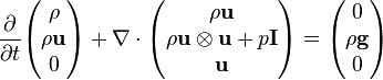 
\frac {\partial}{\partial t}\begin{pmatrix}\rho  \\  \rho \bold u  \\0\end{pmatrix}+ \nabla \cdot \begin{pmatrix}\rho \bold u\\\rho \bold u \otimes \bold u + p \bold I\\ \bold u\end{pmatrix} = \begin{pmatrix}0 \\  \rho \bold g \\ 0 \end{pmatrix}
