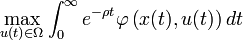 
\max_{u(t)\in \Omega}\int_0^{\infty} e^{-\rho t} \varphi\left(x(t), u(t)\right)dt