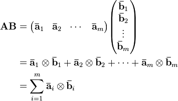 \begin{align}
\mathbf{AB} &=\begin{pmatrix} \mathbf{\bar a}_1 & \mathbf{\bar a}_2 & \cdots & \mathbf{\bar a}_m \end{pmatrix}\begin{pmatrix} \mathbf{\bar b}_1 \\ \mathbf{\bar b}_2 \\ \vdots \\ \mathbf{\bar b}_m \end{pmatrix}\\
&=\mathbf{\bar a}_1 \otimes \mathbf{\bar b}_1 + \mathbf{\bar a}_2 \otimes \mathbf{\bar b}_2 + \cdots + \mathbf{\bar a}_m \otimes \mathbf{\bar b}_m\\
&=\sum_{i=1}^m \mathbf{\bar a}_i \otimes \mathbf{\bar b}_i
\end{align}