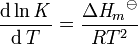 The derivative of the natural logarithm of any equilibrium constant K with respect to the temperature T /K equals the standard enthalpy change for the reaction divided by the product R times T squared. Here R represents the gas constant, which equals the thermal energy per mole per [[kelvin]]. The standard enthalpy is written as Delta H with a superscript plimsol mark represented by a circled minus. This equation follows from the definition of the Gibbs free energy Delta G equals R times T times the natural logarithm of K.