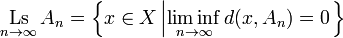 \mathop{\mathrm{Ls}}_{n \to \infty} A_{n} = \left\{ x \in X \left| \liminf_{n \to \infty} d(x, A_{n}) = 0 \right. \right\}