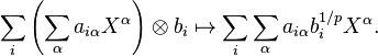 \sum_i \left(\sum_\alpha a_{i\alpha} X^\alpha\right) \otimes b_i \mapsto \sum_i \sum_\alpha a_{i\alpha} b_i^{1/p} X^\alpha.