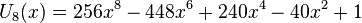  U_8(x) = 256x^8 - 448 x^6 + 240 x^4 - 40 x^2 + 1 \,