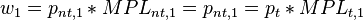 w_1=p_{nt,1}*MPL_{nt,1}=p_{nt,1}=p_{t}*MPL_{t,1}