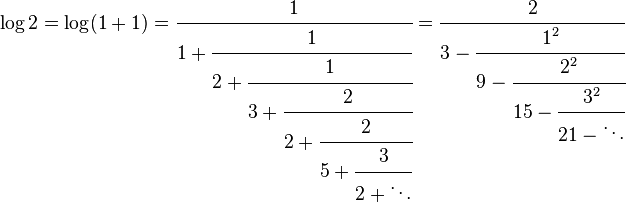 
\log 2 = \log (1+1) = \cfrac{1} {1+\cfrac{1} {2+\cfrac{1} {3+\cfrac{2} {2+\cfrac{2} 
{5+\cfrac{3} {2+\ddots}}}}}} 
= \cfrac{2} {3-\cfrac{1^2} {9-\cfrac{2^2} {15-\cfrac{3^2} {21-\ddots}}}}
