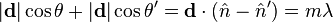 |\mathbf{d}|\cos{\theta} + |\mathbf{d}|\cos{\theta^\prime} = \mathbf{d} \cdot (\hat{n} - \hat{n}^\prime) = m\lambda