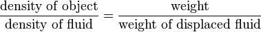  \frac { \text{density of object}} { \text{density of fluid} } = \frac { \text{weight}} { \text{weight of displaced fluid} }