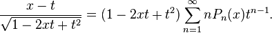 \frac{x-t}{\sqrt{1-2xt+t^2}} = (1-2xt+t^2) \sum_{n=1}^\infty n P_n(x) t^{n-1}.