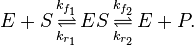 
E + S \, \overset{k_{f_1}} {\underset{k_{r_1}} {\rightleftharpoons}} \, ES \, \overset{k_{f_2}} {\underset{k_{r_2}} {\rightleftharpoons}} \, E + P.