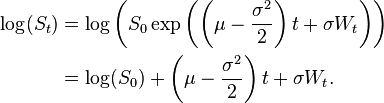 
\begin{alignat}{2}
\log(S_t) &=\log\left(S_0\exp\left(\left(\mu - \frac{\sigma^2}{2} \right)t + \sigma W_t\right)\right)\\&
=\log(S_0)+\left(\mu - \frac{\sigma^2}{2} \right)t + \sigma W_t.
\end{alignat}
