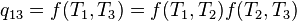 
q_{13} = f(T_1,T_3) = f(T_1,T_2)f(T_2,T_3)
