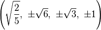 \left({\sqrt {\frac {2}{5}}},\ \pm {\sqrt {6}},\ \pm {\sqrt {3}},\ \pm 1\right)