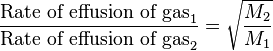 {\mbox{Rate of effusion of gas}_1 \over \mbox{Rate of effusion of gas}_2}=\sqrt{M_2 \over M_1}