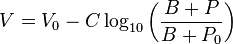  V = V_0 - C \log_{10} \left(\frac{B+P}{B+P_0}\right)