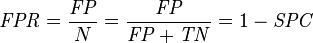 \mathit{FPR} = \frac {\mathit{FP}} {N} = \frac {\mathit{FP}} {\mathit{FP} + \mathit{TN}} = 1 - \mathit{SPC}