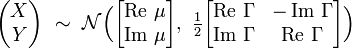 
    \begin{pmatrix}X \\ Y\end{pmatrix} \ \sim\  
    \mathcal{N}\Big( \begin{bmatrix}
                       \operatorname{Re}\,\mu \\
                       \operatorname{Im}\,\mu
                     \end{bmatrix},\ 
                     \tfrac{1}{2}\begin{bmatrix}
                       \operatorname{Re}\,\Gamma & -\operatorname{Im}\,\Gamma \\
                       \operatorname{Im}\,\Gamma &  \operatorname{Re}\,\Gamma
                     \end{bmatrix}\Big)
  