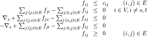 
\begin{array}{rclr} f_{ij} & \leq & c_{ij} & (i, j) \in E \\
\sum_{j: (j, i) \in E} f_{ji} - \sum_{j: (i, j) \in E} f_{ij} & \leq & 0 & i \in V, i \neq s,t \\
\nabla_s + \sum_{j: (j, s) \in E} f_{js} - \sum_{j: (s, j) \in E} f_{sj} & \leq & 0 & \\
- \nabla_s + \sum_{j: (j, t) \in E} f_{jt} - \sum_{j: (t, j) \in E} f_{tj} & \leq & 0 & \\
f_{ij} & \geq & 0 & (i, j) \in E\\
\end{array} 