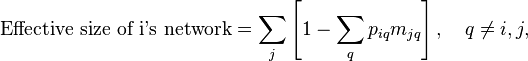 \text{Effective size of i's network}=\sum_j\left[1-\sum_qp_{iq}m_{jq} \right ],\quad q\neq i,j,