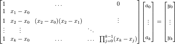 \begin{bmatrix}
      1 &         & \ldots &        & 0  \\
      1 & x_1-x_0 &        &        &    \\
      1 & x_2-x_0 & (x_2-x_0)(x_2-x_1) &        & \vdots   \\
 \vdots & \vdots  &        & \ddots &    \\
      1 & x_k-x_0 & \ldots & \ldots & \prod_{j=0}^{k-1}(x_k - x_j)
\end{bmatrix}
\begin{bmatrix}     a_0 \\     \\     \vdots \\     \\     a_{k} \end{bmatrix} =
\begin{bmatrix}      y_0 \\  \\  \vdots \\ \\    y_{k} \end{bmatrix}