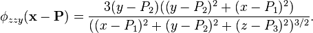 \phi_{zzy}(\mathbf{x} - \mathbf{P}) = \frac{3(y-P_2)((y-P_2)^2 + (x-P_1)^2)}{((x-P_1)^2 + (y-P_2)^2 + (z-P_3)^2)^{3/2}}.