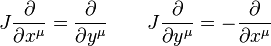 J\frac{\partial}{\partial x^\mu} = \frac{\partial}{\partial y^\mu} \qquad J\frac{\partial}{\partial y^\mu} = -\frac{\partial}{\partial x^\mu}