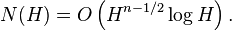  N(H) = O\left({H^{n-1/2} \log H}\right) . 