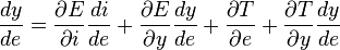  \frac{d y}{d e} = \frac{\partial E}{\partial i} \frac{di}{de} + \frac{\partial E}{\partial y} \frac{dy}{de} + \frac{\partial T}{\partial e} + \frac{\partial T}{\partial y} \frac{dy}{de} 