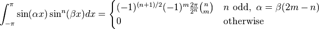 \int_{-\pi}^\pi \sin(\alpha x) \sin^n(\beta x) dx = \begin{cases}
(-1)^{(n+1)/2} (-1)^m \frac{2 \pi}{2^n} \binom{n}{m} & n \text{ odd},\ \alpha = \beta (2m-n) \\
0 & \text{otherwise}
\end{cases} 