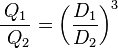  { Q_1 \over \ Q_2} = { \left ( {D_1 \over D_2} \right )^3 }   