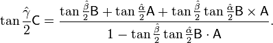  \tan\frac{\hat{\gamma}}{2} \mathsf{C}  = \frac{\tan\frac{\hat{\beta}}{2}\mathsf{B} + 
\tan\frac{\hat{\alpha}}{2} \mathsf{A} + 
\tan\frac{\hat{\beta}}{2}\tan\frac{\hat{\alpha}}{2} \mathsf{B}\times \mathsf{A}}{1 - 
\tan\frac{\hat{\beta}}{2}\tan\frac{\hat{\alpha}}{2} \mathsf{B}\cdot \mathsf{A}}.
