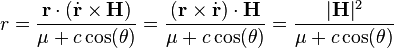  r = \frac{\bold{r}\cdot(\dot{\bold{r}}\times\bold{H})}{\mu + c\cos(\theta)} = \frac{(\bold{r}\times\dot{\bold{r}})\cdot\bold{H}}{\mu + c\cos(\theta)} = \frac{|\bold{H}|^2}{\mu + c\cos(\theta)}